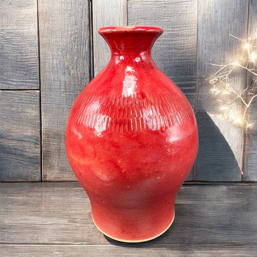 Vintage Hand Made Studio Art Pottery Vase Bottle Small Mouth Red Glaze Signed