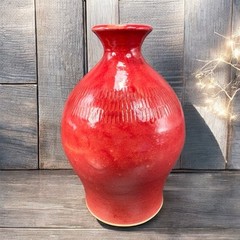 Vintage Hand Made Studio Art Pottery Vase Bottle Small Mouth Red Glaze Signed