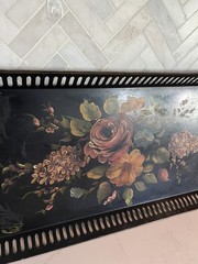 Antique Black Toleware Tray Long Hand Painted Reticulated Metal 24.5 x 12.5”