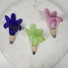 Vtg Murano 3pcs Crystal Flower Cork Stopper Pink Blue Green Hand Blown Art Glass