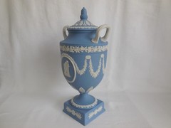 1968 Wedgwood Blue Jasperware Erato & Urania 11.5″ Tall Urn w/ chip underneath