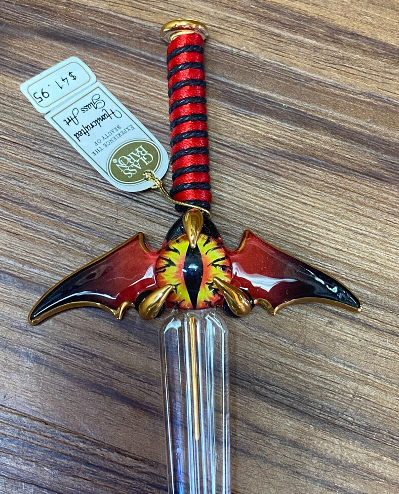 Small Glass Sword Eye of The Dragon Figurine Crystal & 22Kt Gold Goth Devil Wing