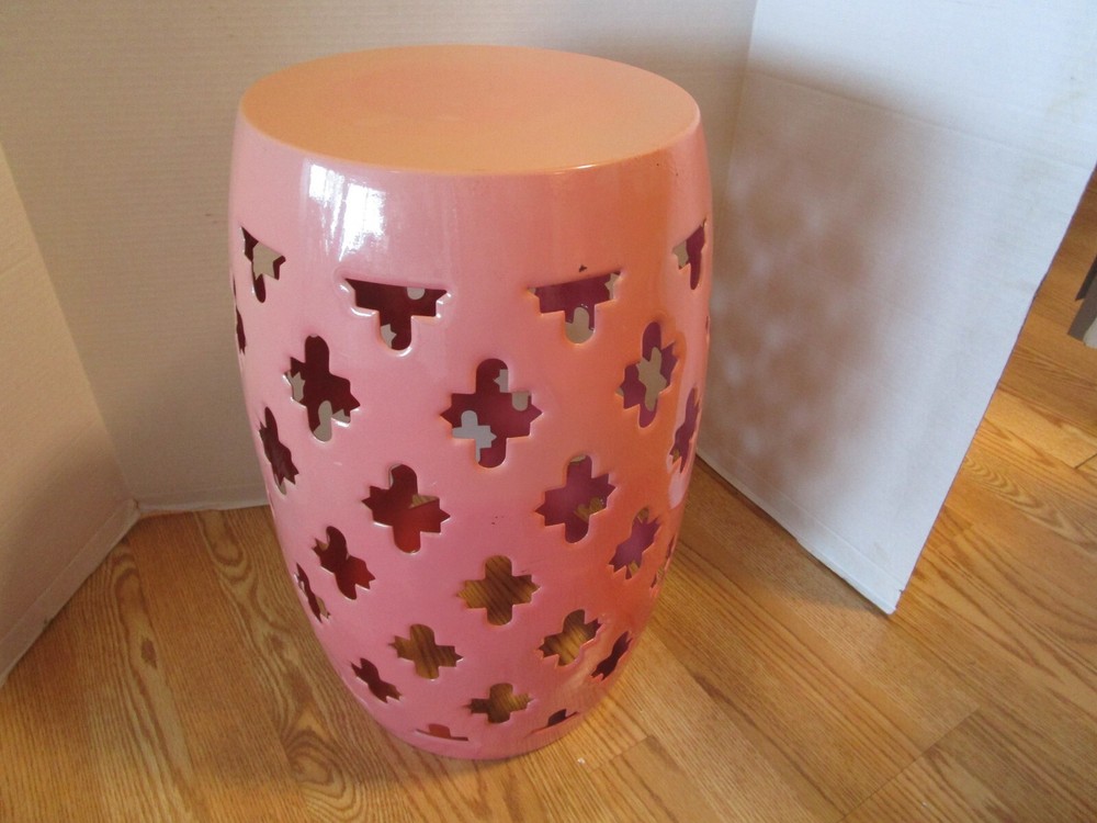 Enameled Steel barrel Shape reticulated Pink Stand Stool side Table bold design