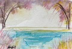 Original ACEO Watercolor Painting by Mary King – Pink Trees by the Lake