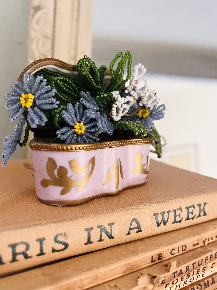 Vtg Seed Bead Pink & Blue Floral Spring Limoges France Trinket Box Planter/Vase