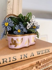 Vtg Seed Bead Pink & Blue Floral Spring Limoges France Trinket Box Planter/Vase