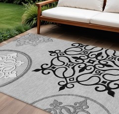9′ X 12′ Gray Black And White Floral Medallion Washable Rug