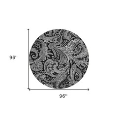 8′ Black Gray And White Round Paisley Washable Rug