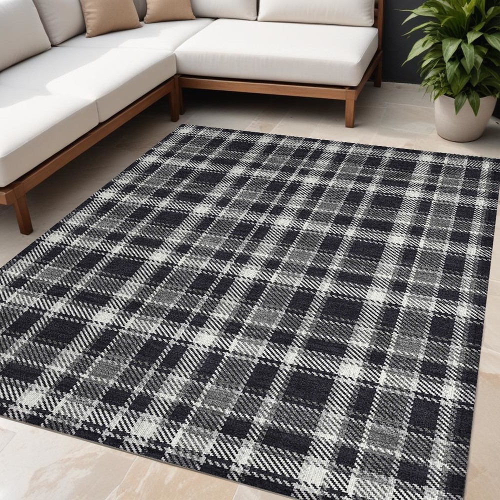 5′ X 8′ Black Gray and White Plaid Washable Non Skid Rug