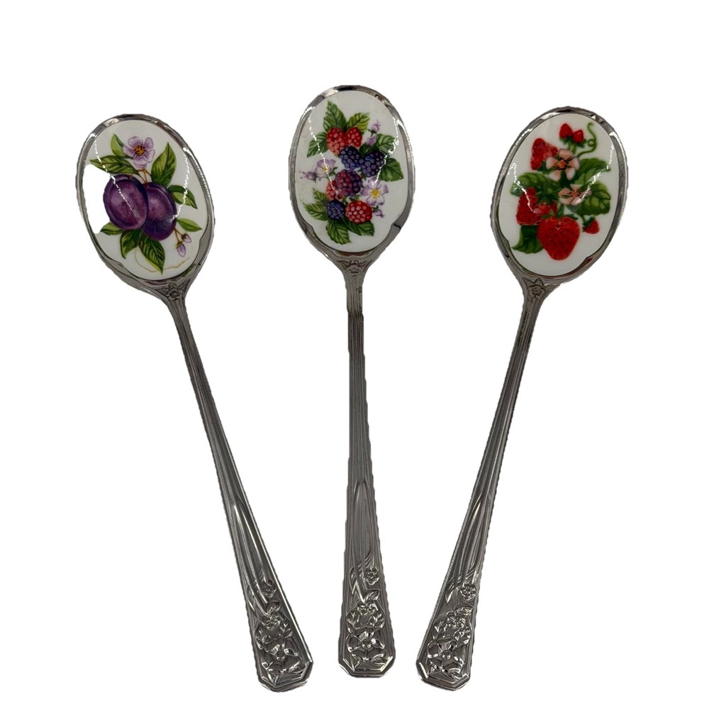 Avon 1982 Vintage Fruit Jelly Jam Spoons Stainless Steel and Enamel Set of 3