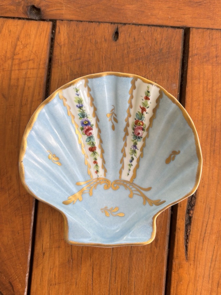 Limoges, France, Hand Painted Sea Shell Trinket Tray, Blue, Gold, Flowers