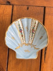 Limoges, France, Hand Painted Sea Shell Trinket Tray, Blue, Gold, Flowers