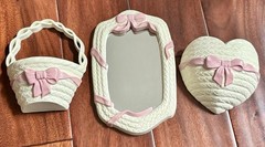 VTG Burwood Home Interiors Faux Wicker w/ Pink Bows Plastic Wall Decor~10 Pieces