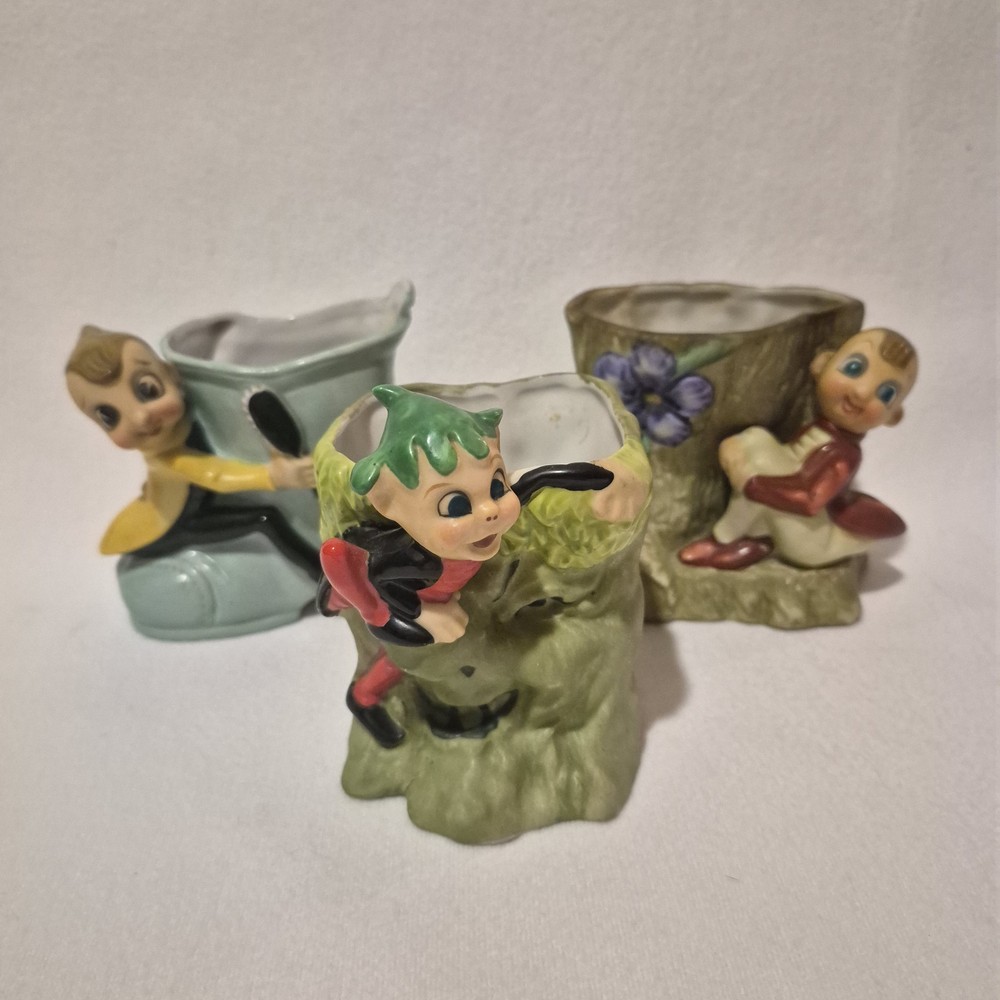 3 Vtg Acme China Norcrest Made In Japan Big Eyed PIXIE ELF Planters Whimsical