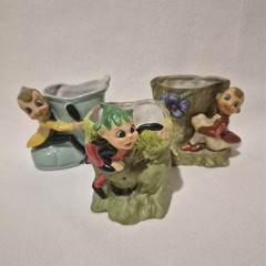 3 Vtg Acme China Norcrest Made In Japan Big Eyed PIXIE ELF Planters Whimsical