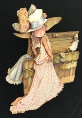 Holly Hobbie 1969 layered art playing dress up 8 X 9.5 unframed on black velvet