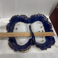 AntiqueGermany Shell Design White, Blue & Gold Divided Handled Serving Dish READ