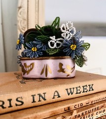 Vtg Seed Bead Pink & Blue Floral Spring Limoges France Trinket Box Planter/Vase