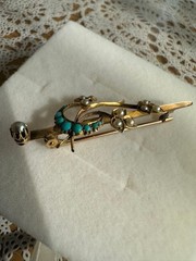 British 10k Antique Brooch Shamrock & Turquoise Moon Edwardian Style