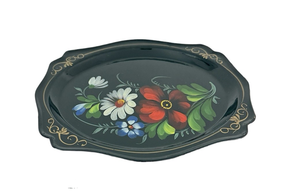 Vintage Hand Painted Floral Oval Trinket Dish Black Gold Folk Art Decor