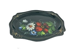 Vintage Hand Painted Floral Oval Trinket Dish Black Gold Folk Art Decor