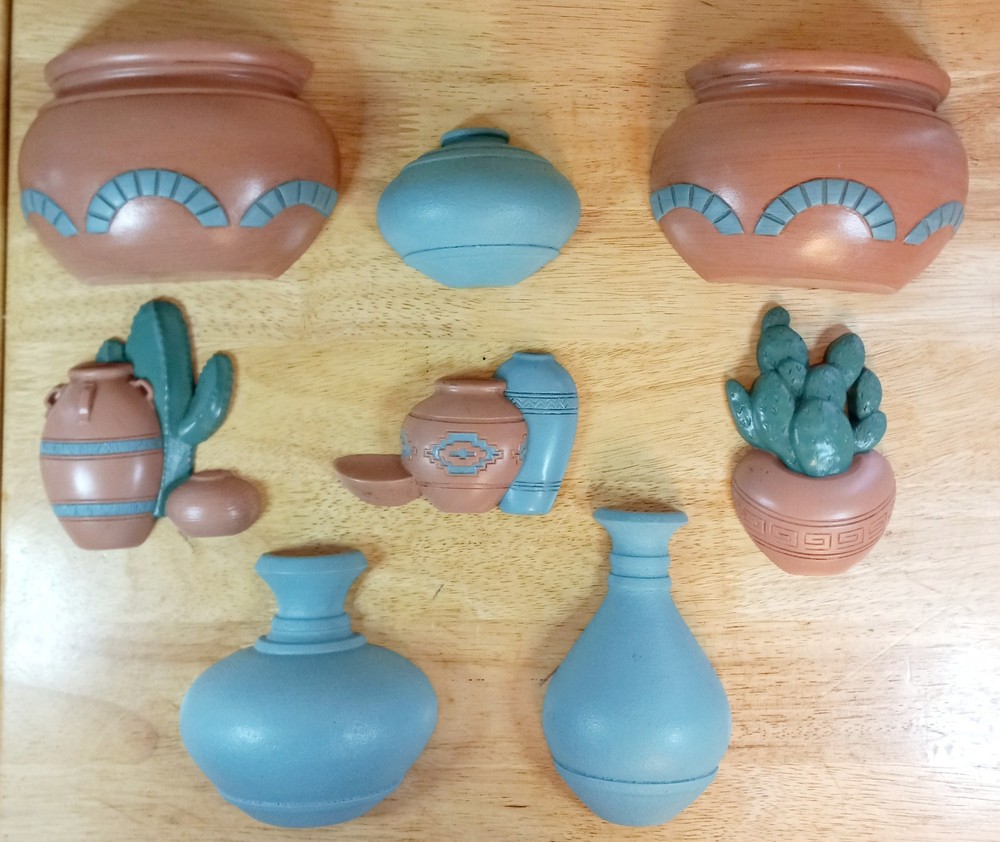 VTG 8pc 1990s Burwood Southwest Western Wall Art Decor Pockets Pots Cactus EUC