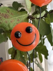Vintage Lucite Triple Smiley Face Sculpture – Orange – Missing Flowers- RARE
