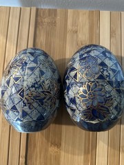 VTG Hand Painted Cloisonne Egg Blue Gold White Floral Geometric Design Easter