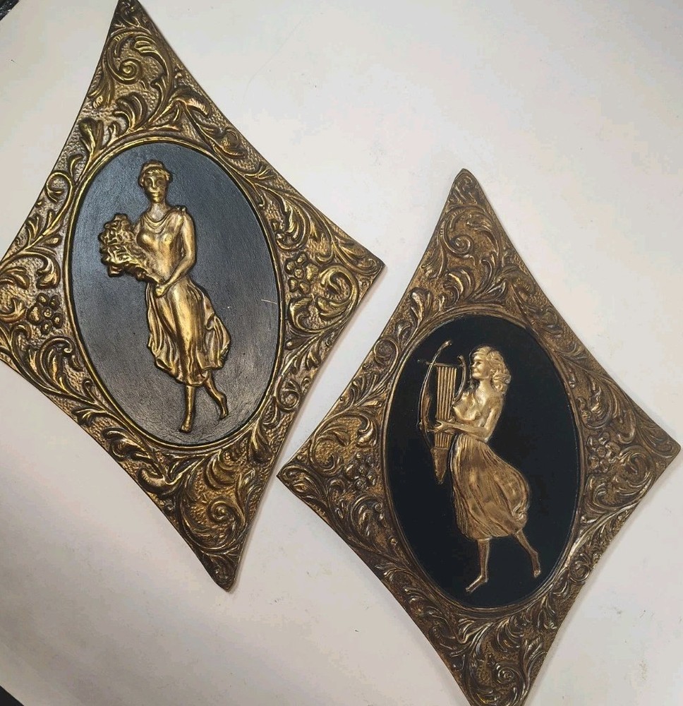 1960s Sears Hollywood Regency Repousse Metal Greek Goddess Plaques Set 11″