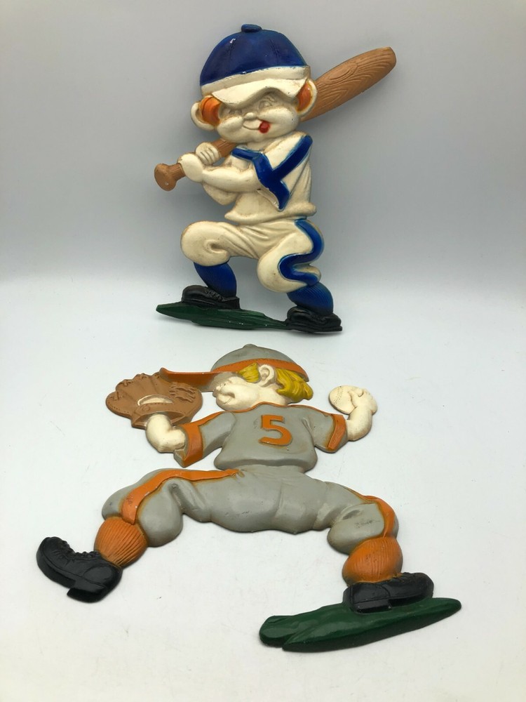 Boy Baseball Players Wall Art Hangers Plaques Vintage Set Of 2 Sexton Cast Metal