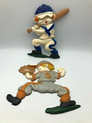 Boy Baseball Players Wall Art Hangers Plaques Vintage Set Of 2 Sexton Cast Metal
