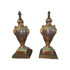 Victoria Czechoslovakia 24K Gold Urn Lidded Vases or Lamps Pair Green Blue