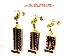 SET OF 3 MOTORCYCLE TROPHIES, CHOPPER WEEL UP TROPHIES R-W-B TROPHY