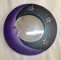 1990s Celestial Crescent Moon & Stars 8” Round Handpainted Wooden Mirror purple