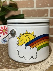 Vintage Rare Deco Metal Empty Tin Rainbow Sun Face Clouds Large With Handle