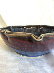 Original Jason Parsley Pottery Bowl, Blue Glaze over Red w/ Scalloped Double Rim