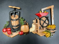 HOMCO 1978 Cast Metal Wall Plaques Apple Press & Corn Sheller