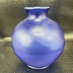 Vintage Bohemian Hand Blown Art Glass Enameled Flower Paint Vase Bowl Blue VTG