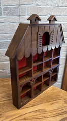 Vintage Wall Or Table Wooden House Shaped Shadowbox W/Red Backing 7 Items Total