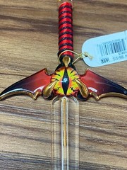 Small Glass Sword Eye of The Dragon Figurine Crystal & 22Kt Gold Goth Devil Wing