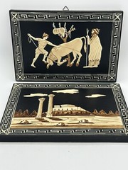 VTG Greek Pictures 2 Wooden Handpainted Black Cream 10 X 7 In Finites Greece