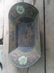 ANTIQUE Rectangle Green Black Gold TOLEWARE Tin TRAY Hand Painted