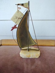 MCM Decor John DeMott Signed Metal Brass Sailboat Sculpture On Stone Nautical