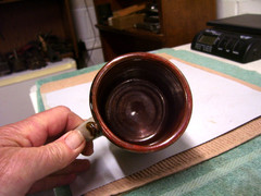 RANDOLPH, NY, BLUE AND GRAY STONEWARE COFFEE MUG, NEW YORK, SIGNED