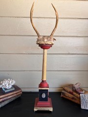 Baroque Curiosity Cabinet Vintage Trophy Antlers W Gilded Column & Specimen Gems