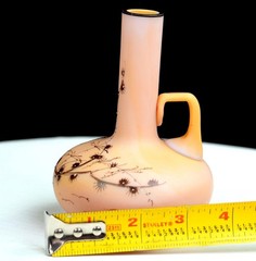 Victorian Art Nouveau Opaline Satin Glass Birds Flora 5″ Handled Bud Vase 1885-
