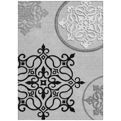 9′ X 12′ Gray Black And White Floral Medallion Washable Rug