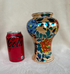 Art Deco Lusterware Vase Hand Painted Flowers Blue & Orange 8″ x 6″