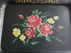 Vintage Toleware Metal Tray Black with Handpainted Rose Floral Design 18″ x 13″