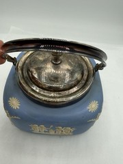 Rare Wedgwood Blue Jasperware Biscuit Barrel Square Metal Lid England 5 3/4” Sq